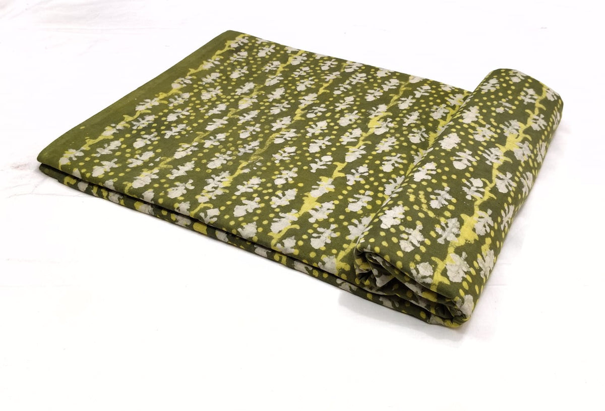Cotton Handblock Fabric - Army Green Motif with Yellow Dots